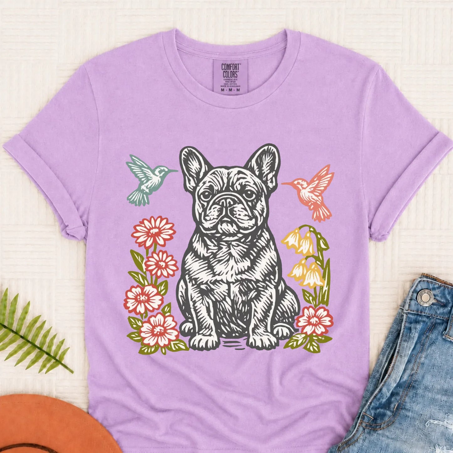 French Bulldog Woodcut Hummingbirds Unisex TShirt Orchid