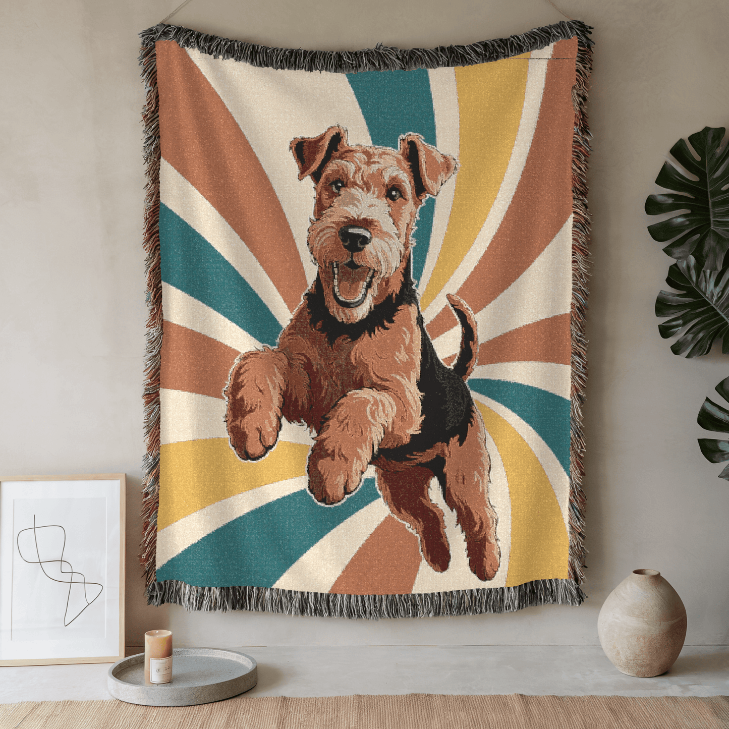 Printify Home Decor 70s Hippie Pet Woven Blanket, Airedale Terrier Dog Throw Housewarming, Fun Home Accent