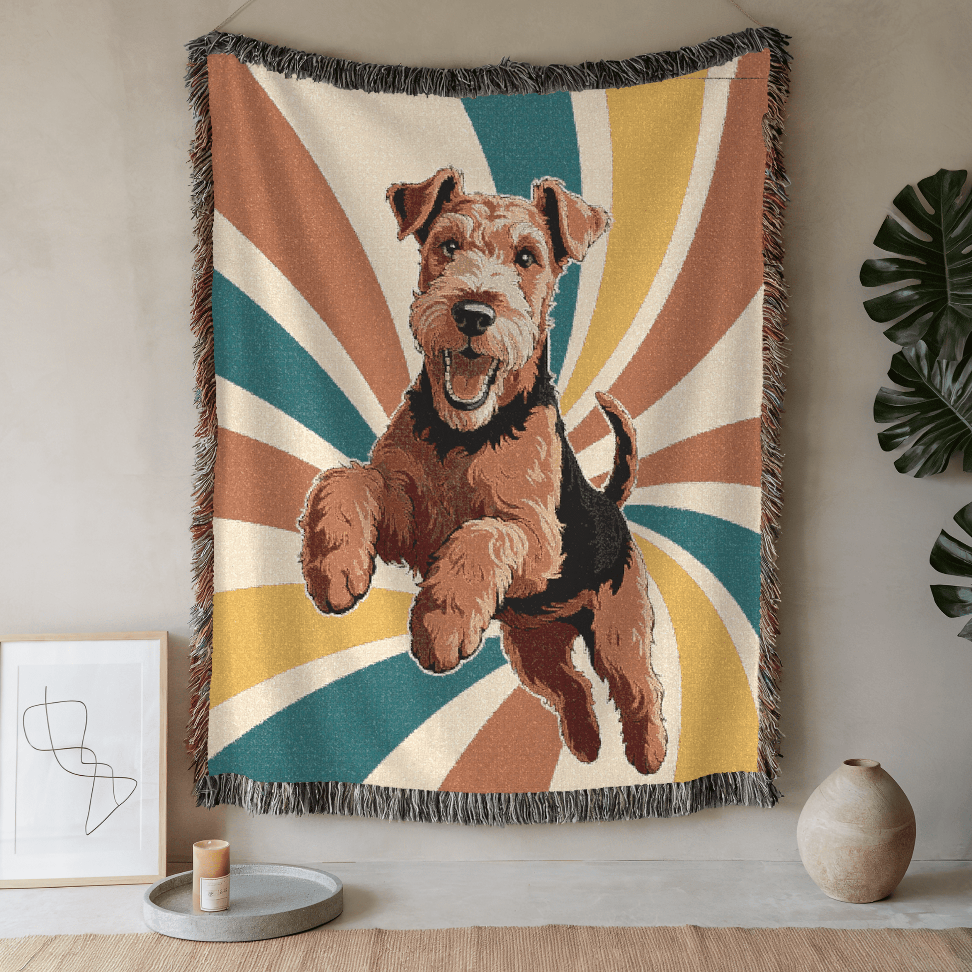 Printify Home Decor 70s Hippie Pet Woven Blanket, Airedale Terrier Dog Throw Housewarming, Fun Home Accent