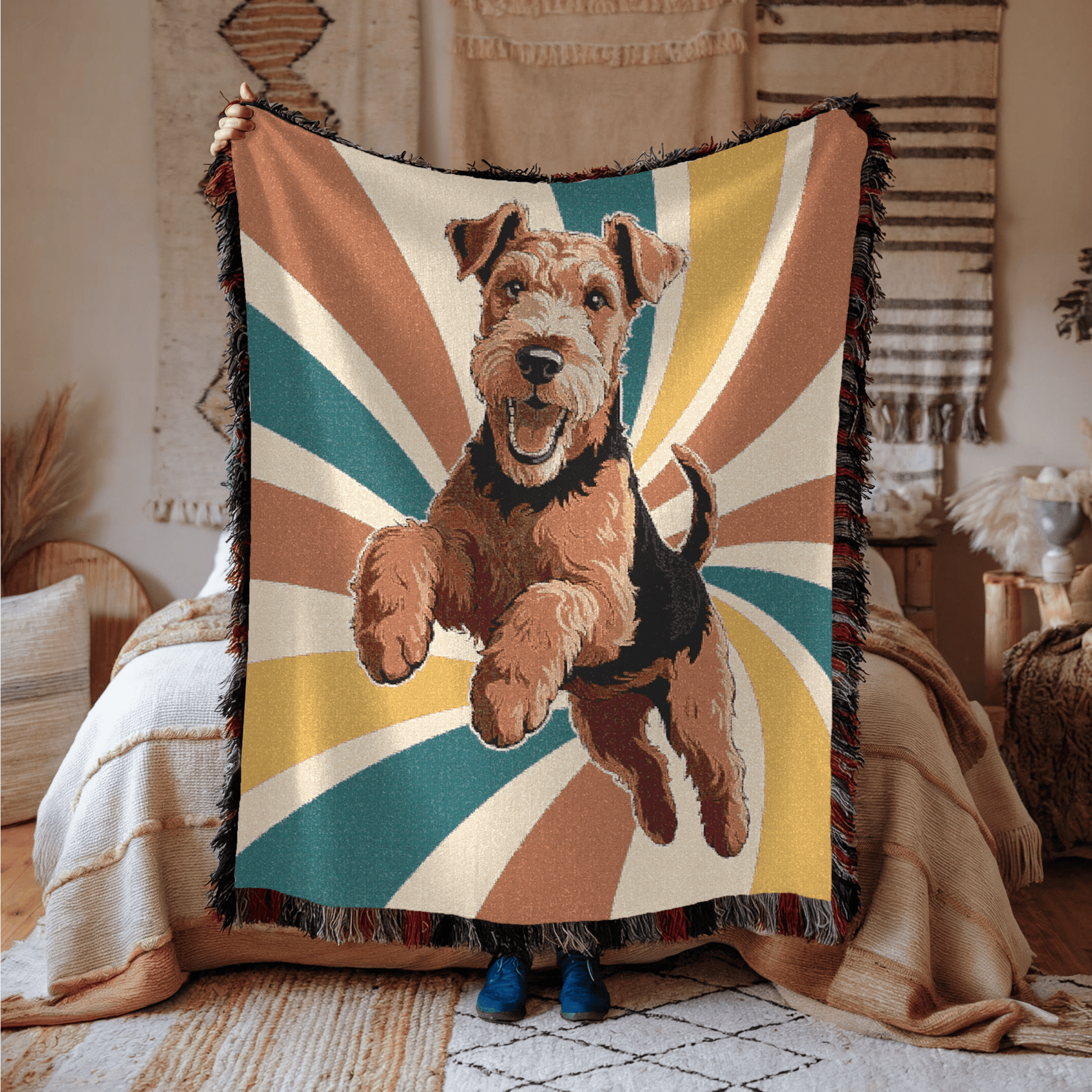 Printify Home Decor 70s Hippie Pet Woven Blanket, Airedale Terrier Dog Throw Housewarming, Fun Home Accent
