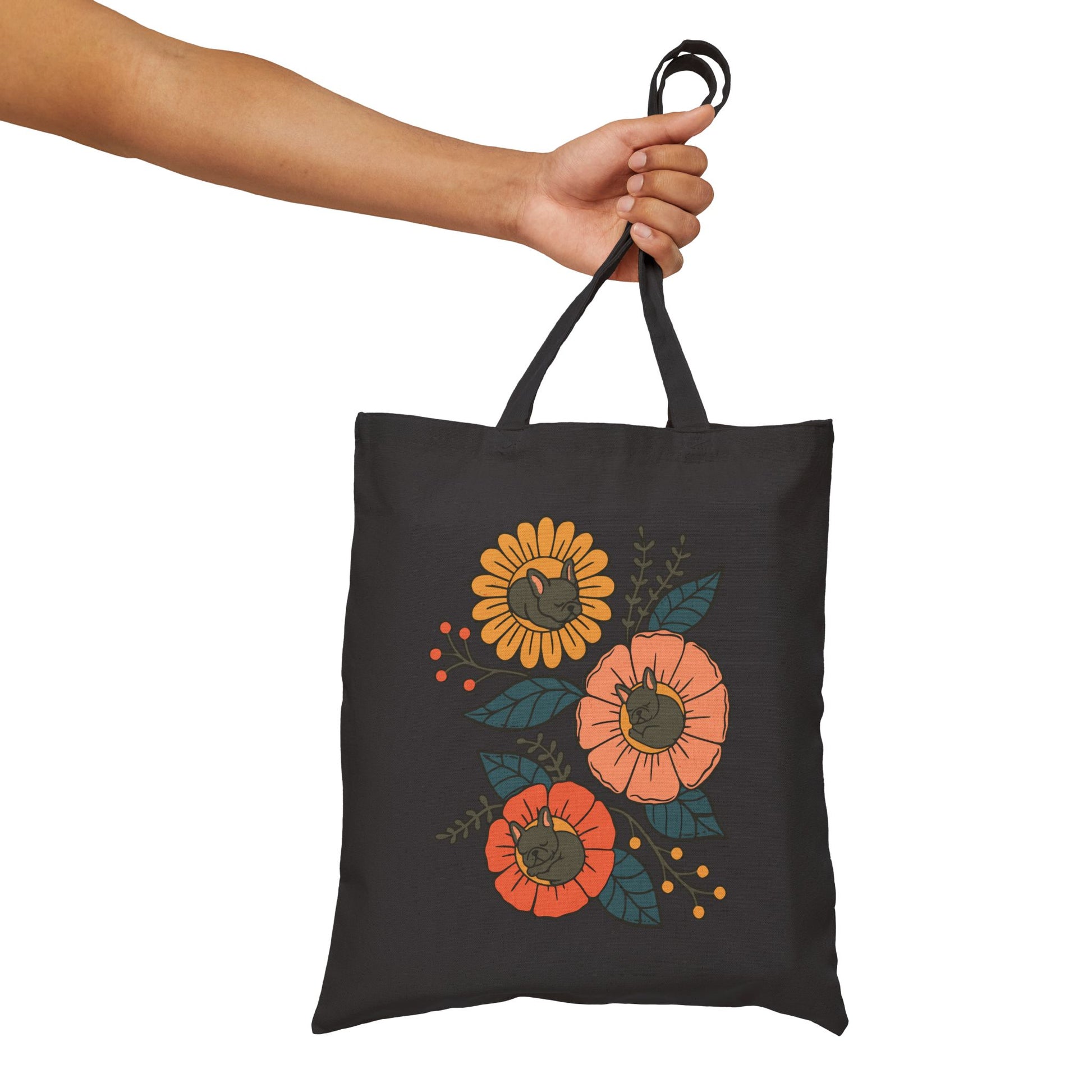 Black French Bulldog Sleeping Flowers Tote Bag