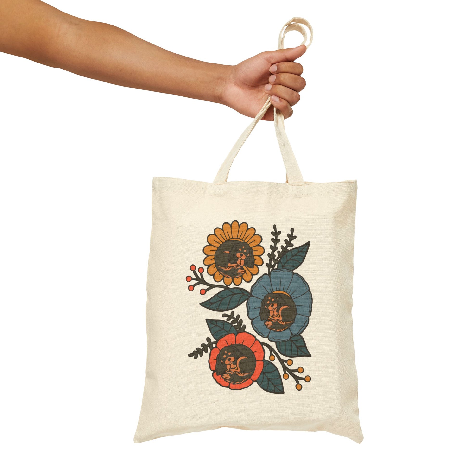 Black and Tan Cavalier Sleeping Flowers Tote Bag