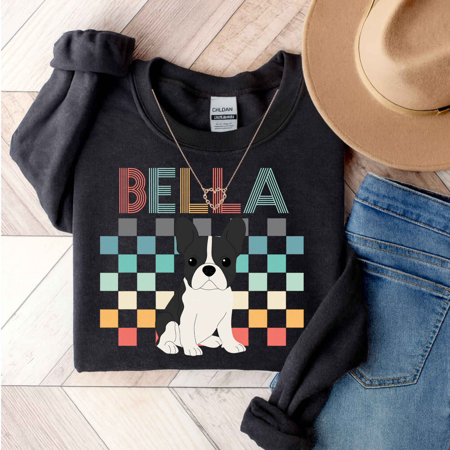 Piebald French Bulldog Retro Checkered Sweatshirt