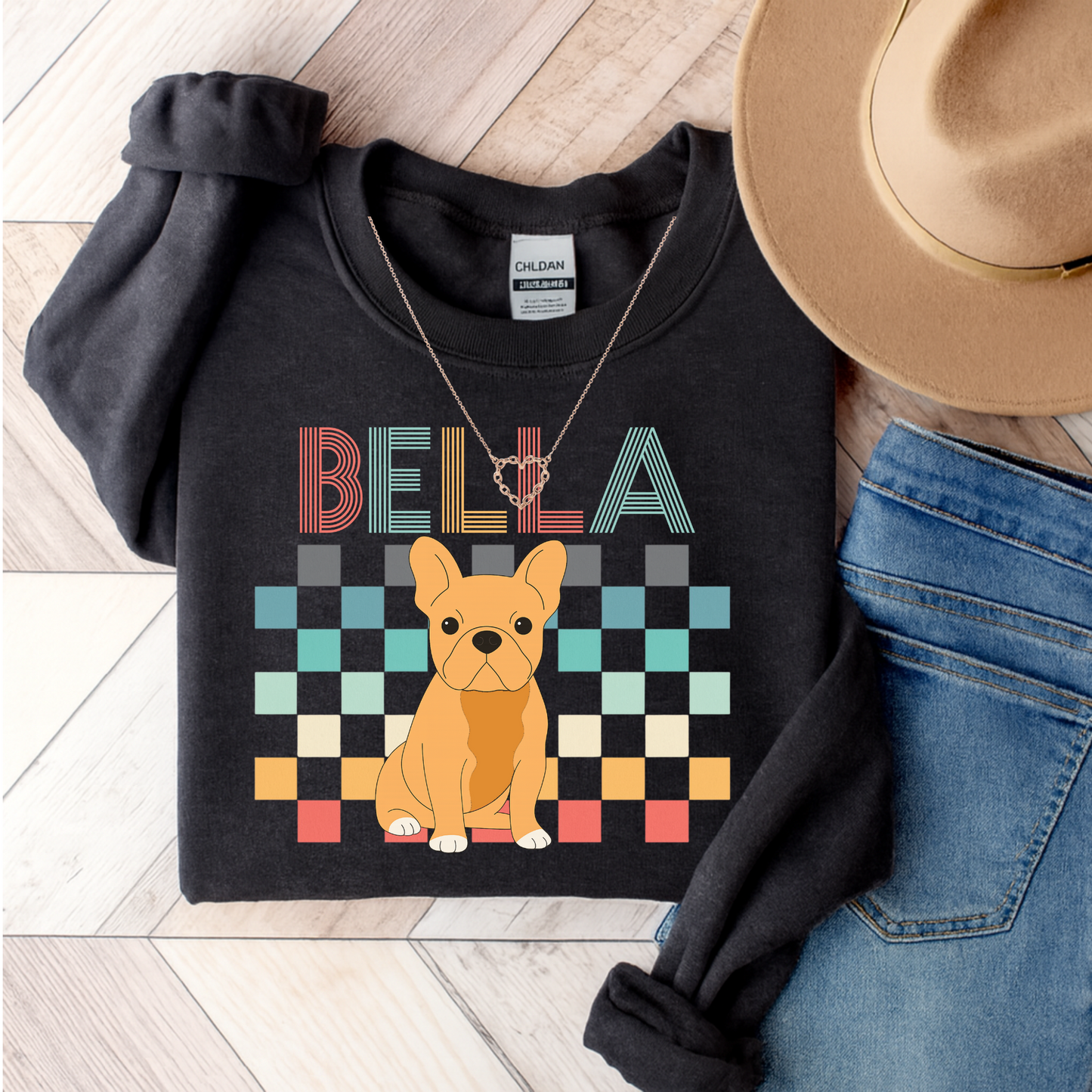 Fawn French Bulldog Retro Checkered Sweatshirt