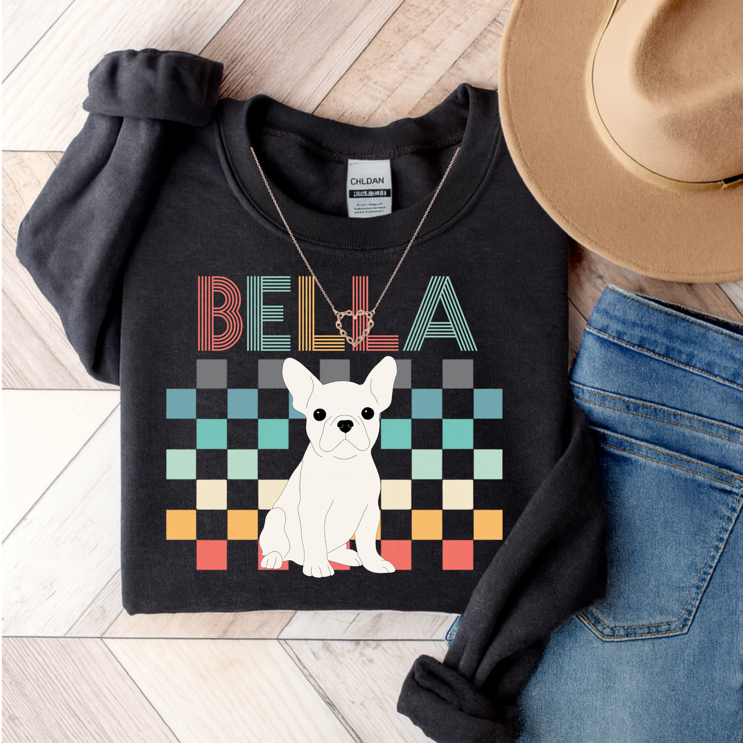 White Frenchie Checkered Sweatshirt