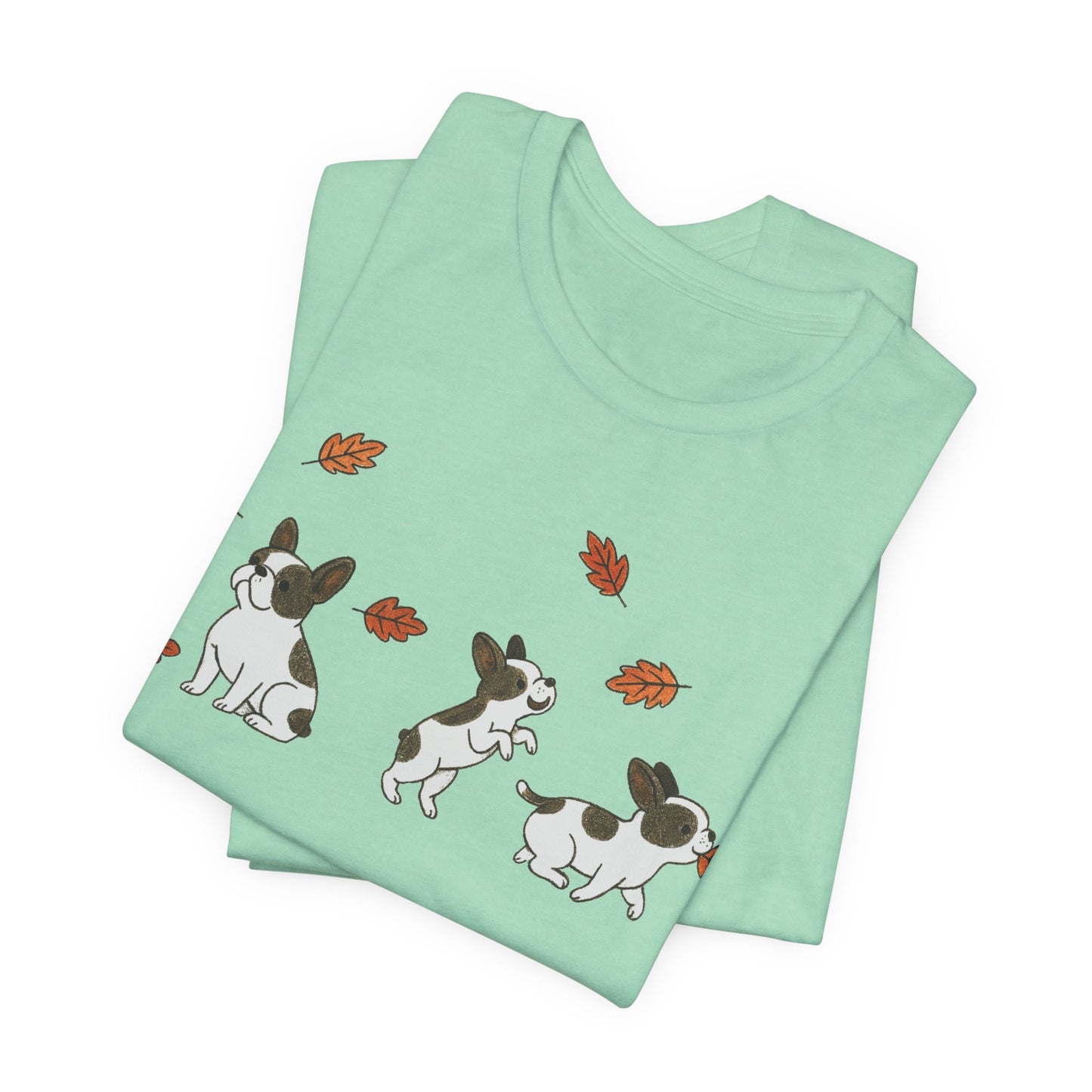 Piebald Frenchie Chasing Leaves TShirt