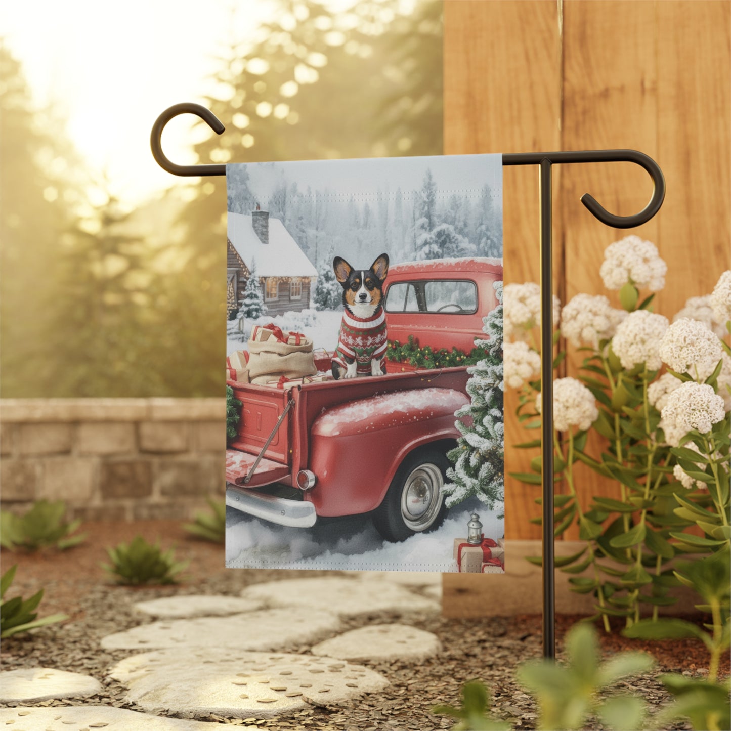 Tricolor Corgi Dog Red Truck Christmas Garden Flag