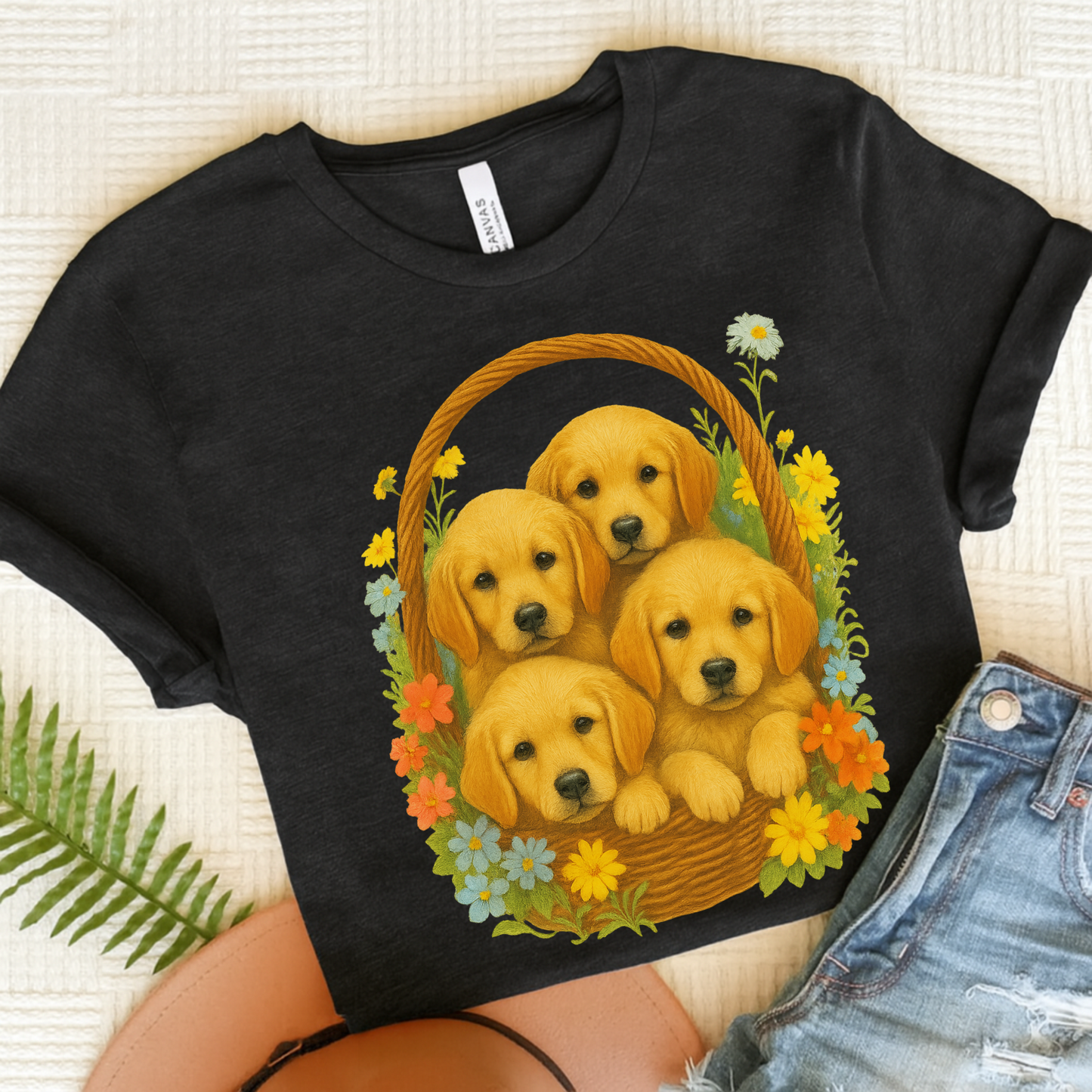 Puppy Basket Golden Retriever Tshirt Dark Grey Heather