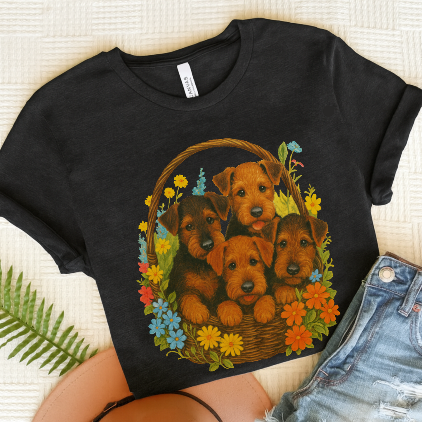 Airedale Terrier Puppy Basket TShirt Dark Grey Heather