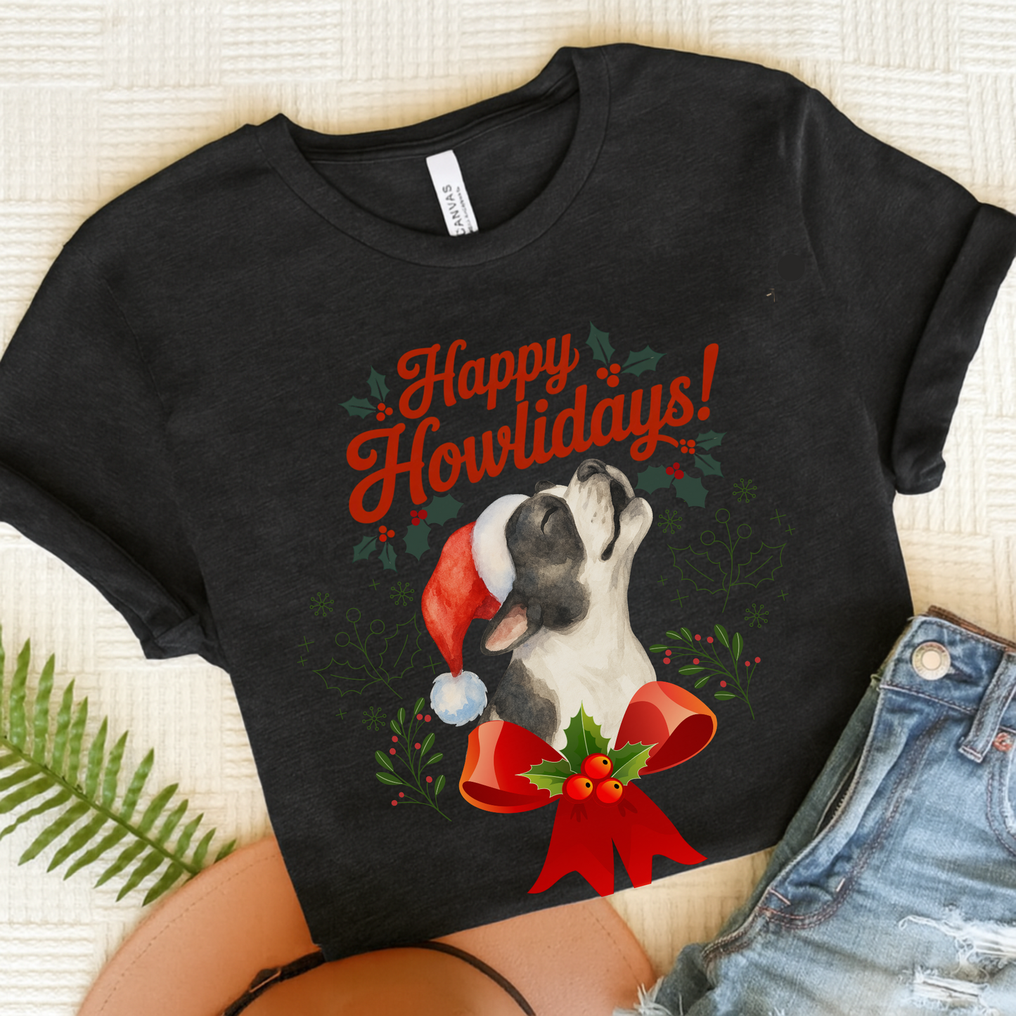Piebald French Bulldog Happy Howlidays TShirt