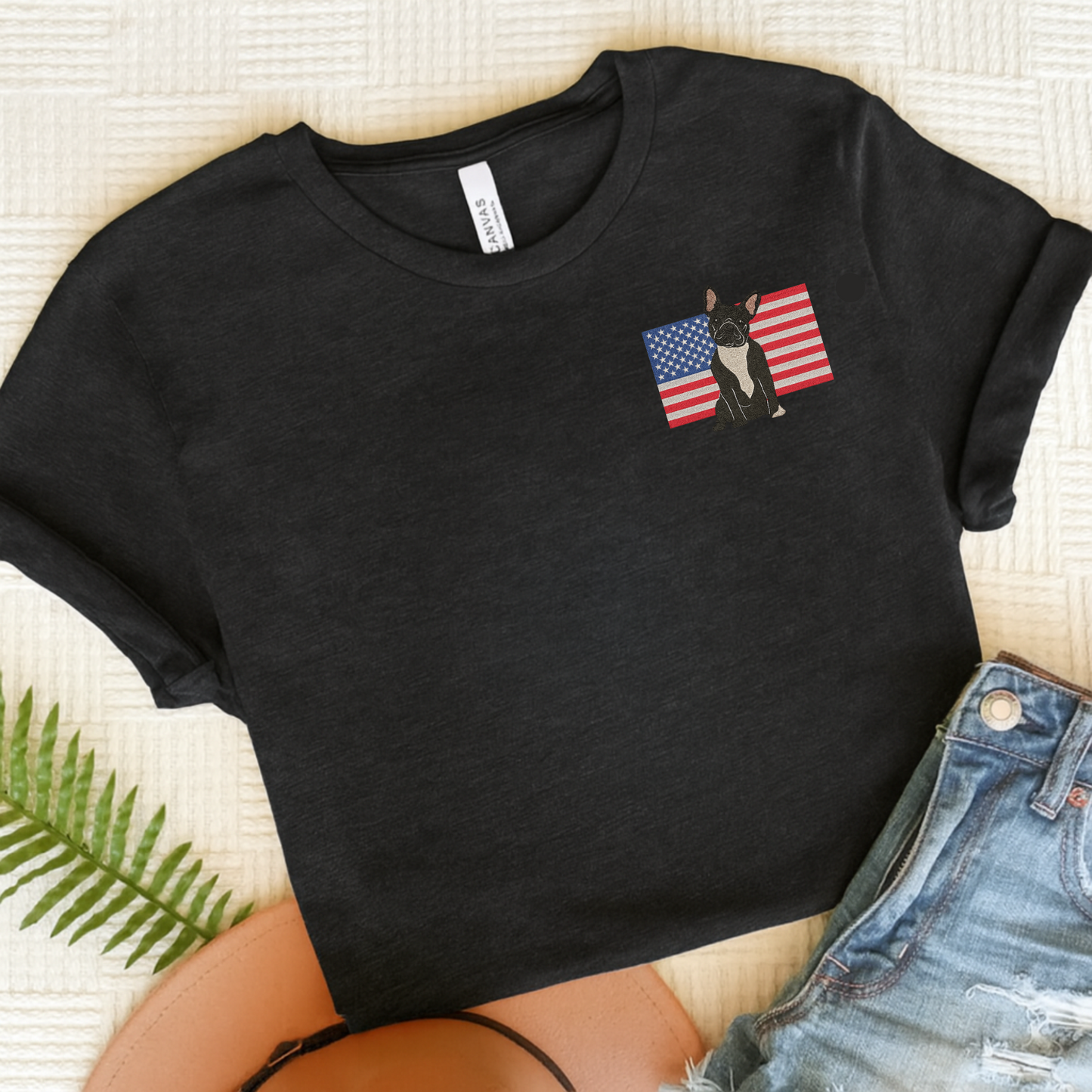 Embroidered Flag Black Frenchie TShirt