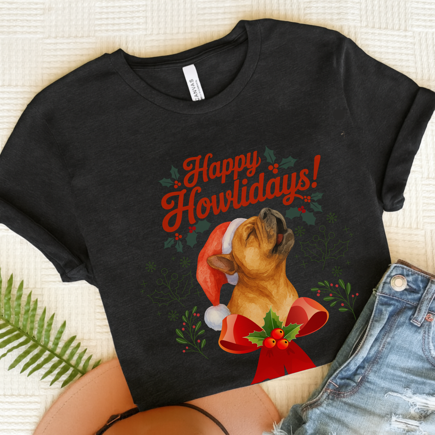 Fawn French Bulldog Happy Howlidays TShirt