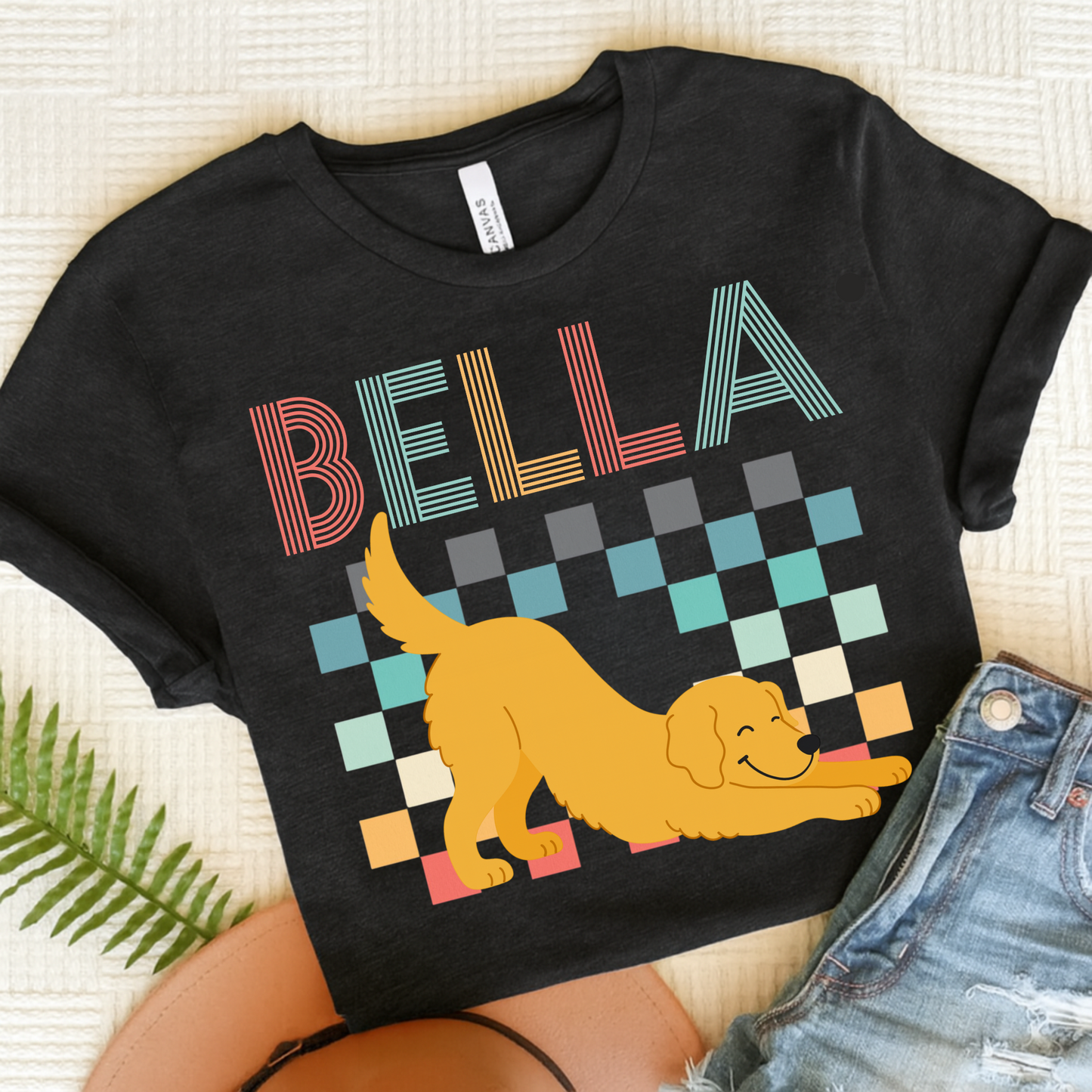 Golden Retriever Checkered TShirt Black Heather