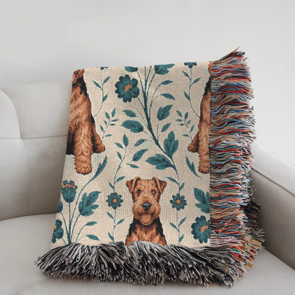Airedale Terrier Blue Floral Throw Blanket