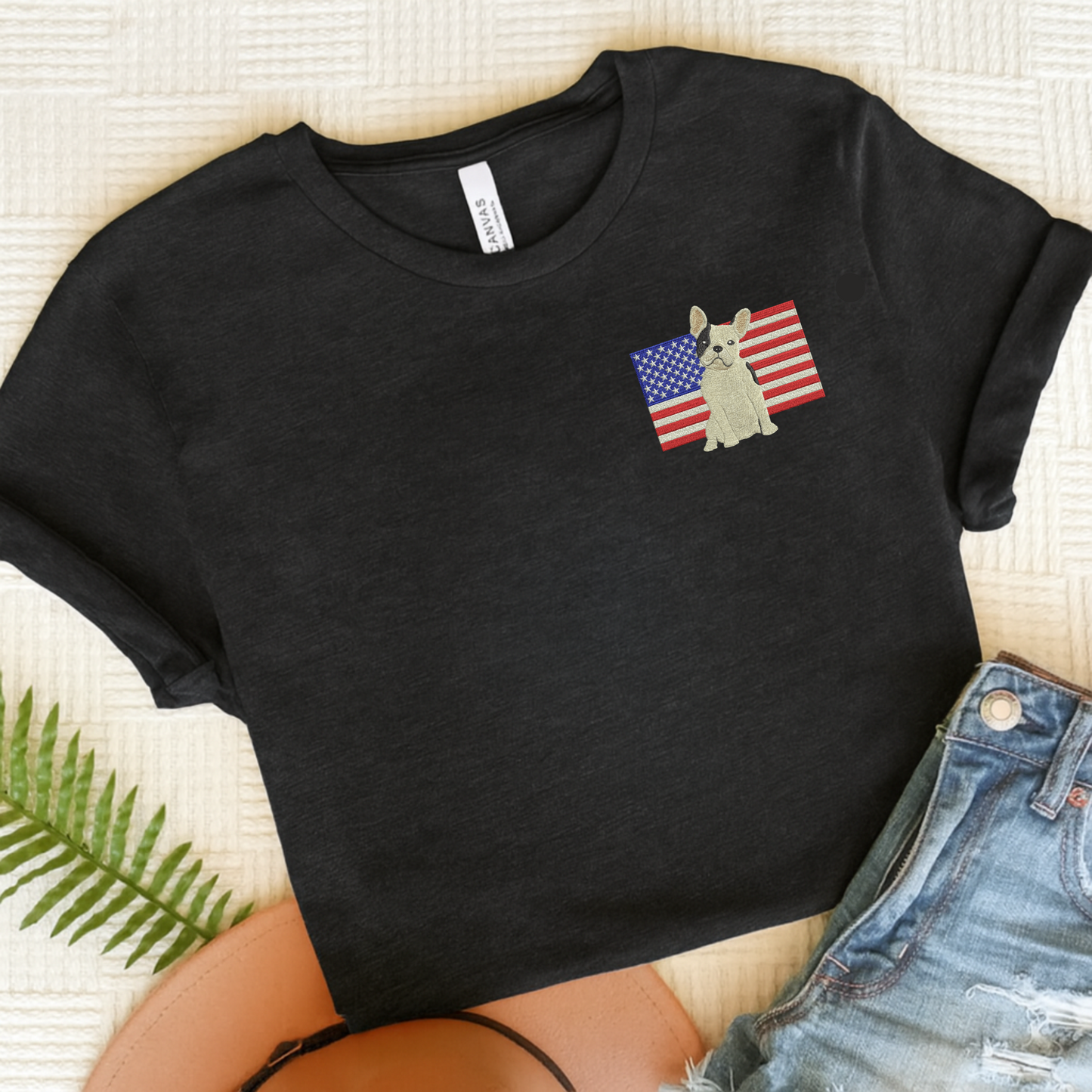 Embroidered Flag Piebald Frenchie TShirt