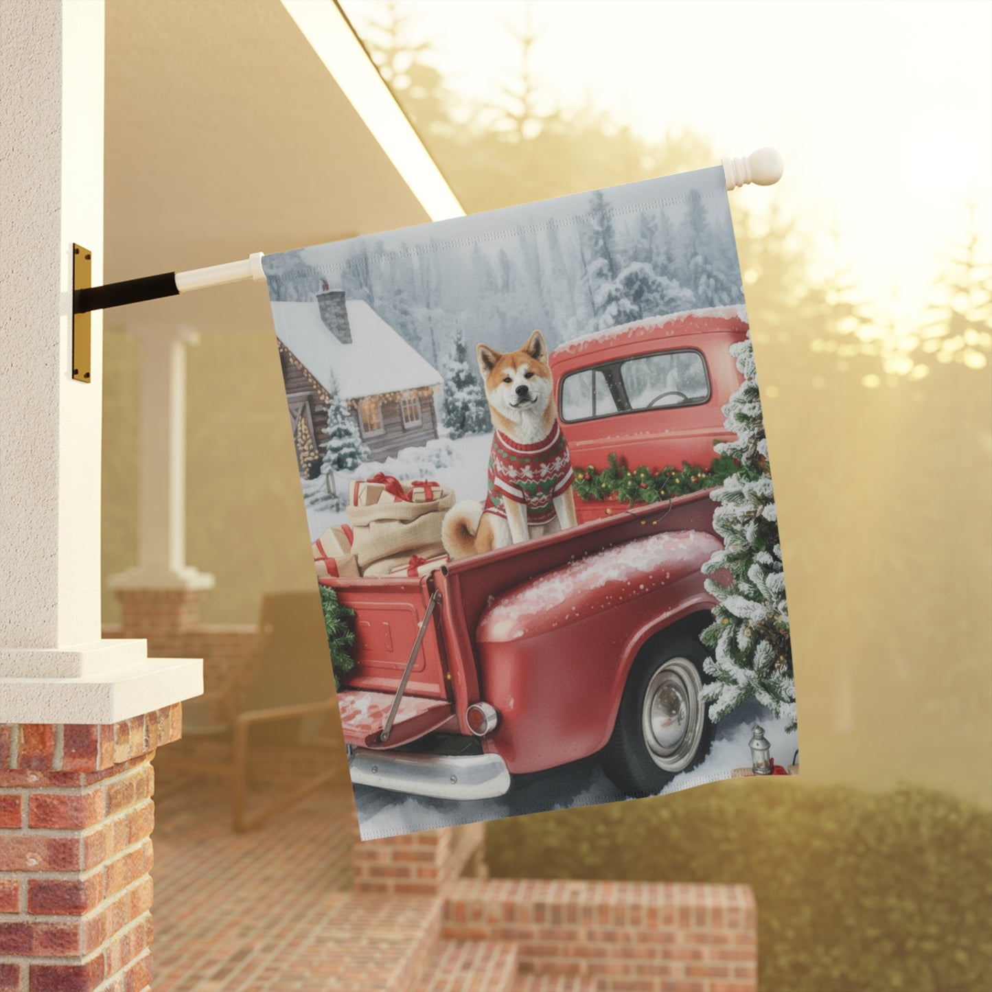 Japanese Akita Red Truck Christmas Garden Flag