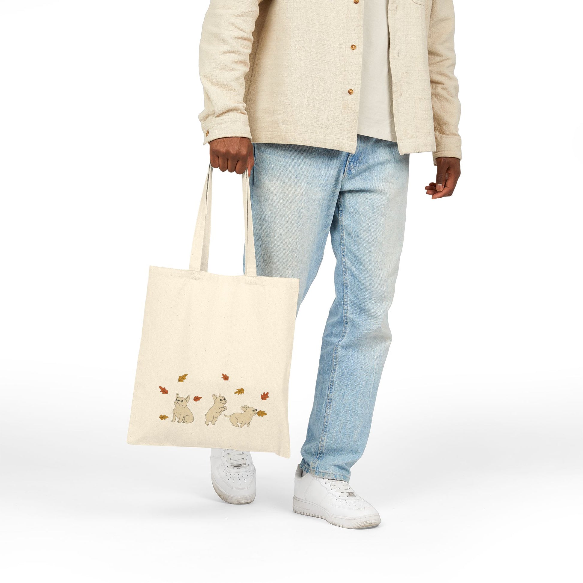White Frenchie Chasing Leaves Tote Bag