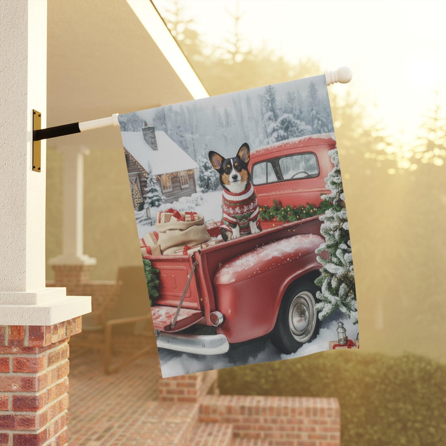 Tricolor Corgi Dog Red Truck Christmas Garden Flag