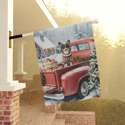 Tricolor Corgi Dog Red Truck Christmas Garden Flag