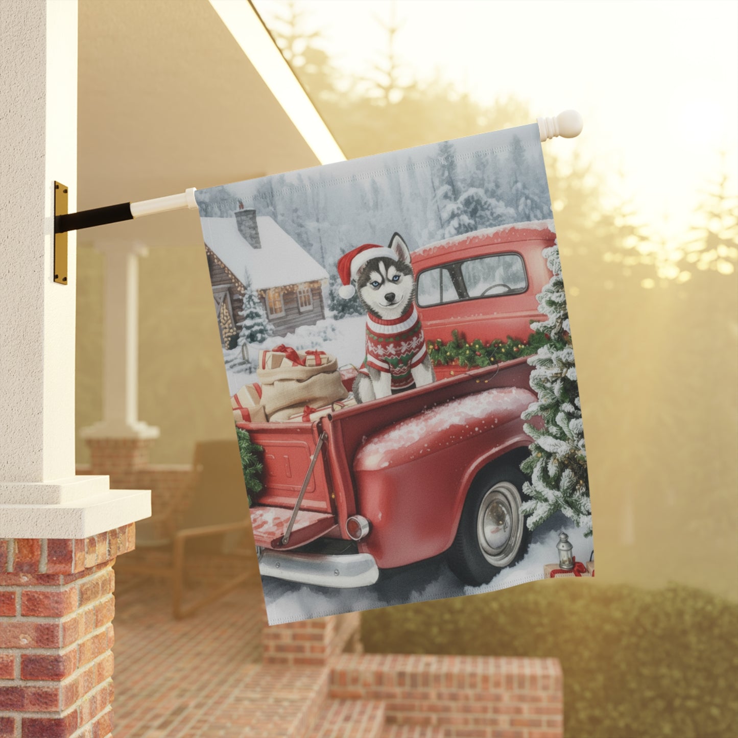 Siberian Husky Dog Red Truck Christmas Garden Flag