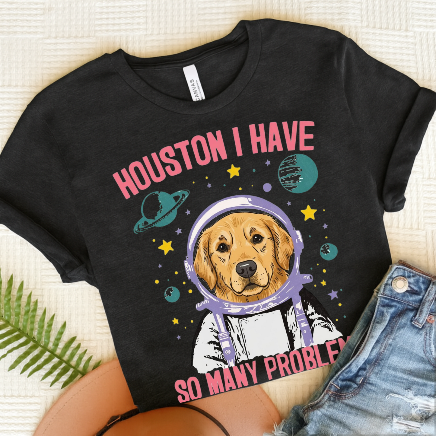 Golden Retriever Houston Space TShirt Dark Grey Heather
