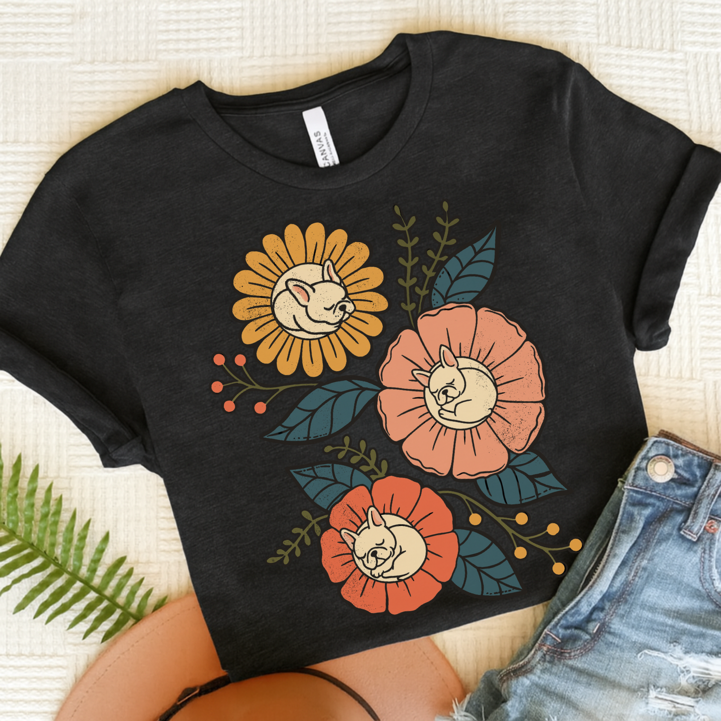 White Frenchie Sleeping Flowers TShirt Dark Grey Heather