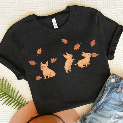 Fawn Frenchie Chasing Leaves TShirt Dark Grey Heather