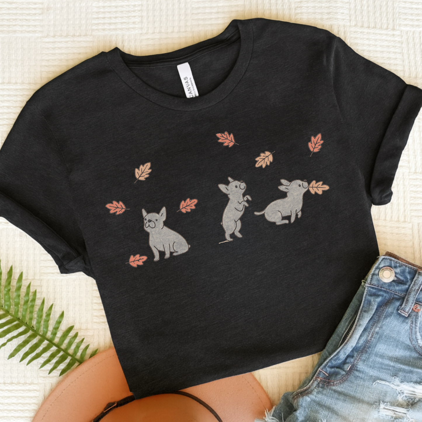Black Frenchie Chasing Leaves TShirt Dark Grey Heather