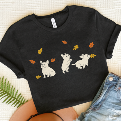 White Frenchie Chasing Leaves TShirt Dark Grey Heather