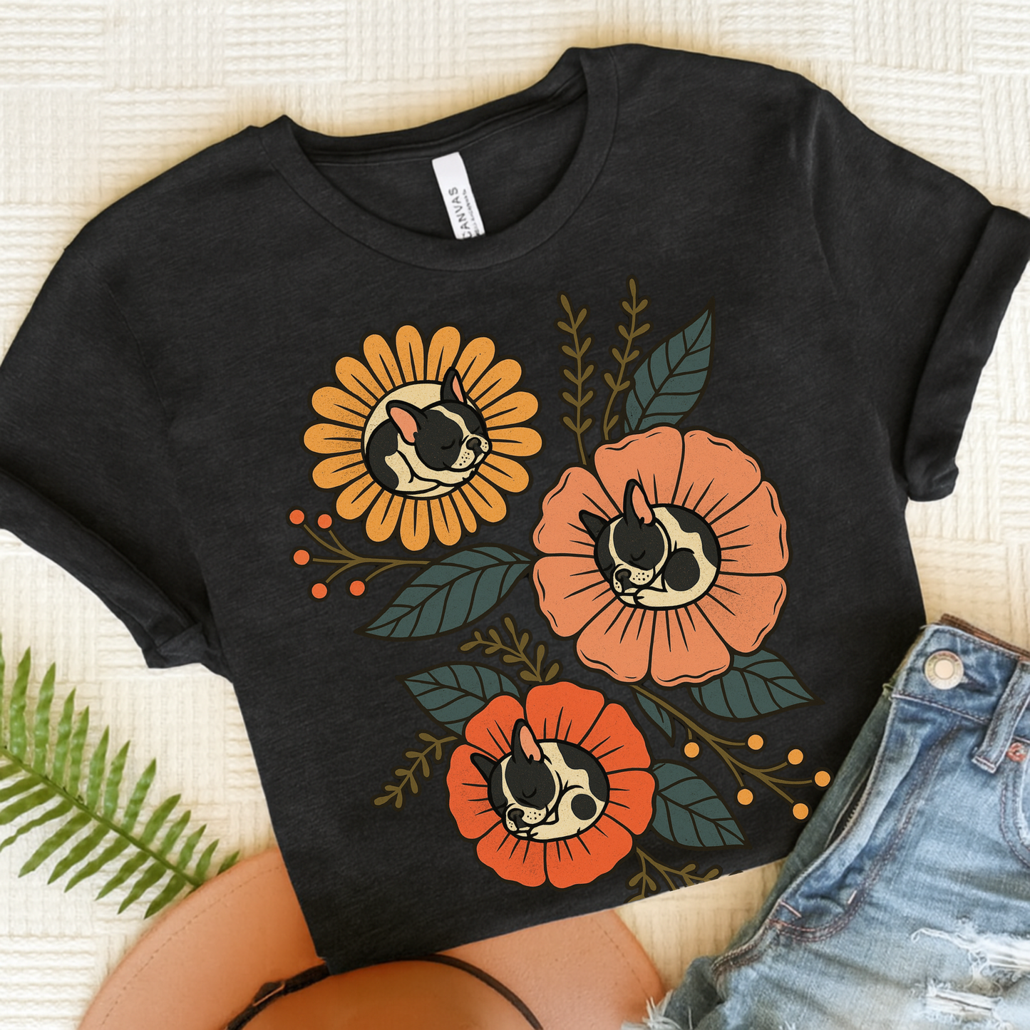 Piebald Frenchie Sleeping Flowers TShirt Dark Grey Heather