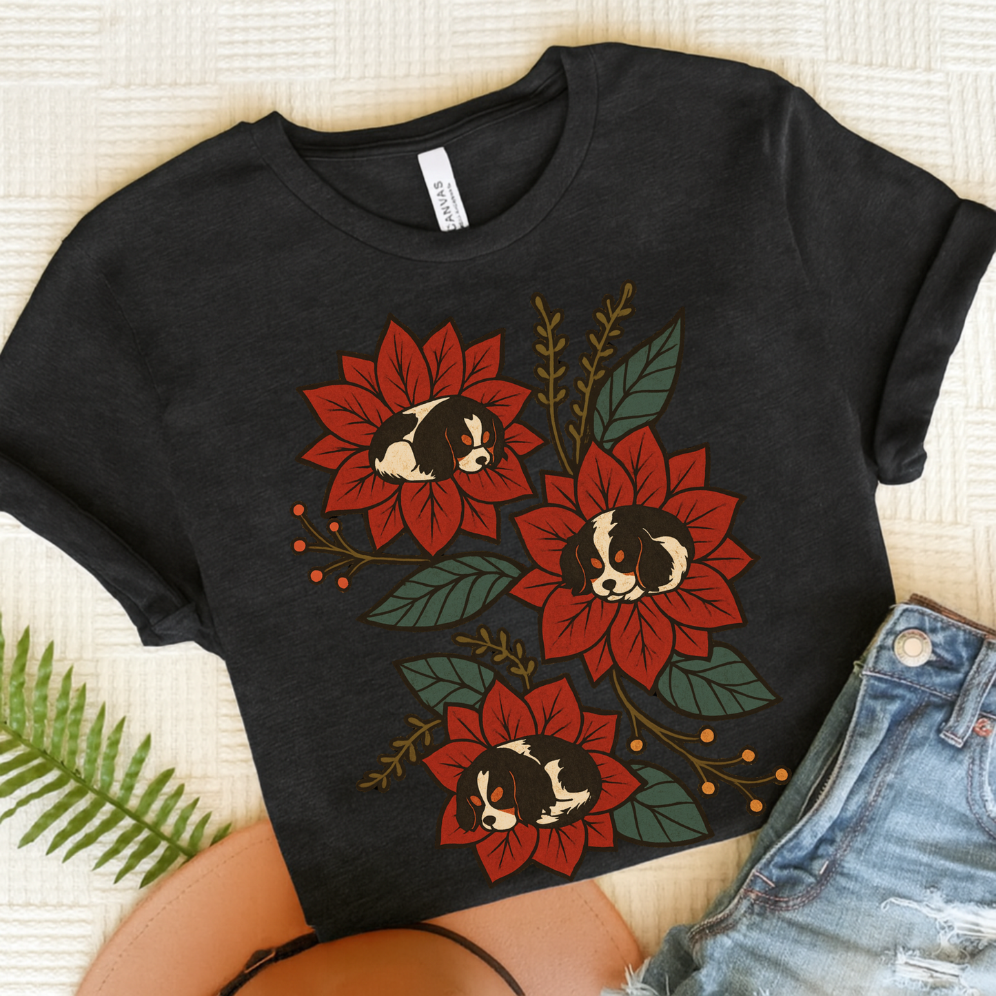 Tricolor Cavalier Holiday Flowers Sleeping TShirt Dark Grey Heather