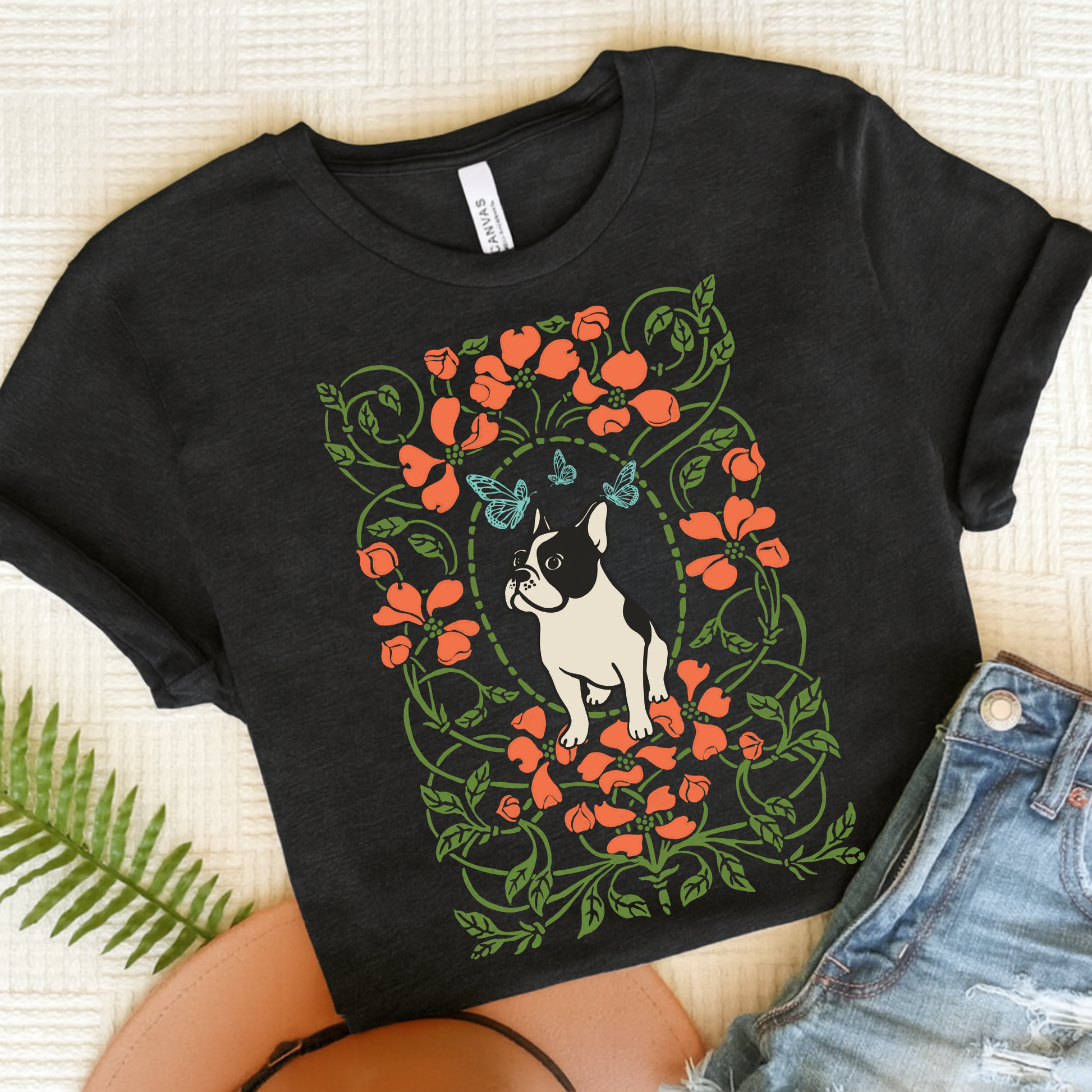 Piebald Frenchie Butterflies Frame TShirt Dark Grey Heather