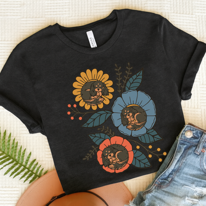 Black Tan Cavalier Sleeping Flowers TShirt Dark Grey Heather