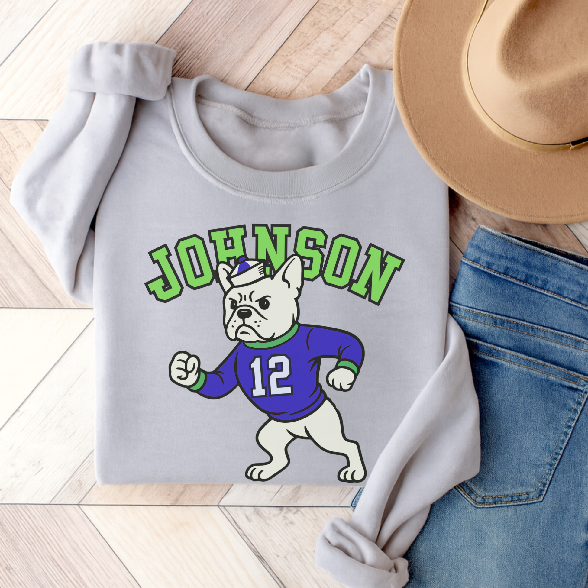 White Frenchie College Mascot Sweatshirt Ash