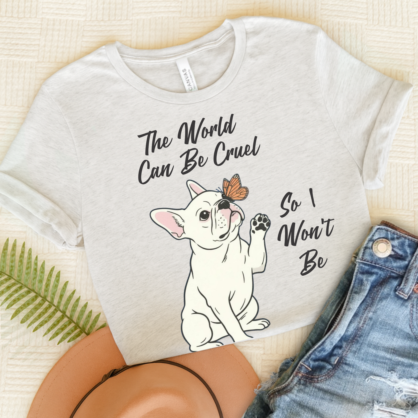 Cruel World White Frenchie Tshirt Ash