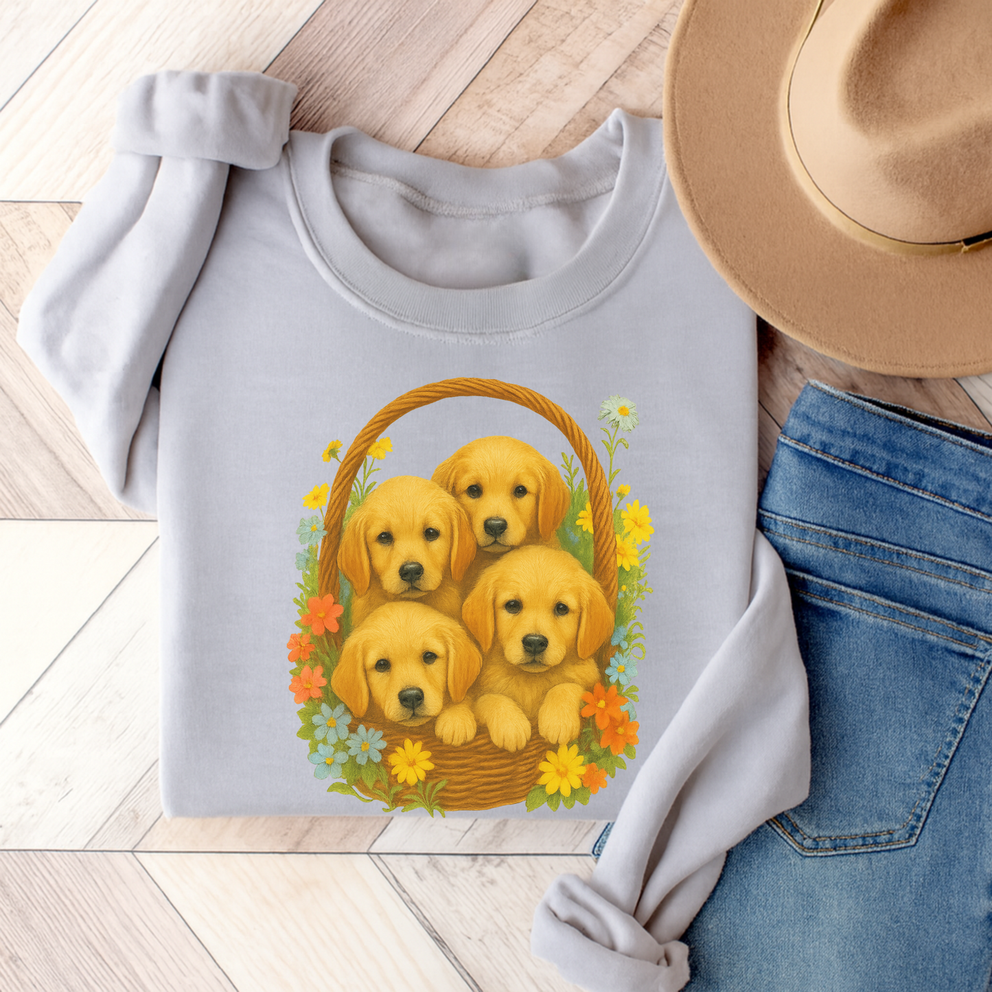 Puppy Basket Golden Retriever Sweatshirt Ash