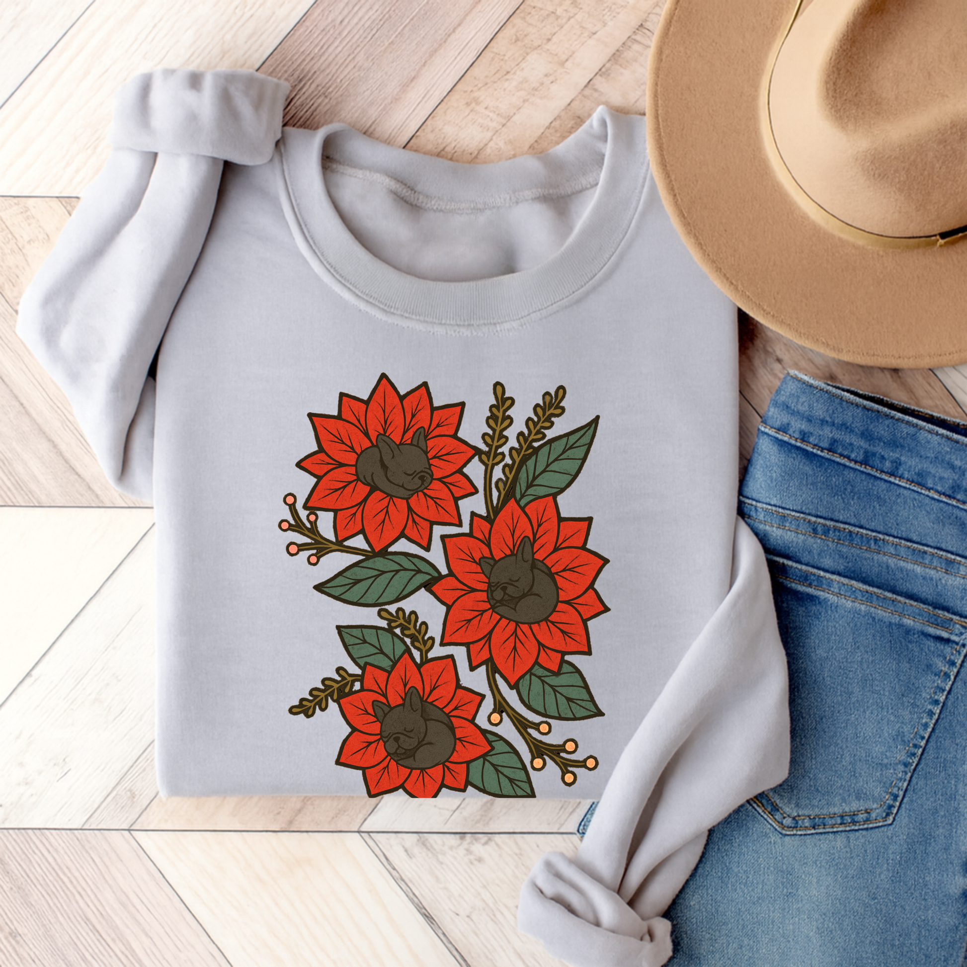 Black Frenchie Christmas Flower Sweatshirt Ash