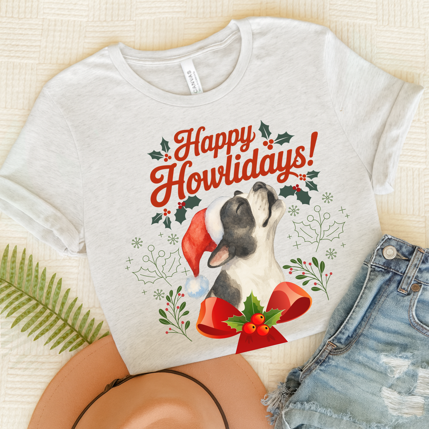 Piebald French Bulldog Happy Howlidays TShirt