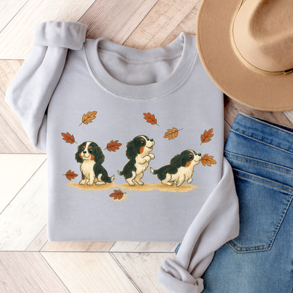Tricolor Cavalier Chasing Leaves Sweatshirt Ash