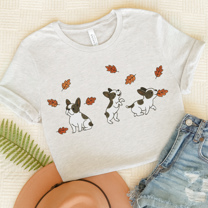 Piebald Frenchie Chasing Leaves TShirt Ash