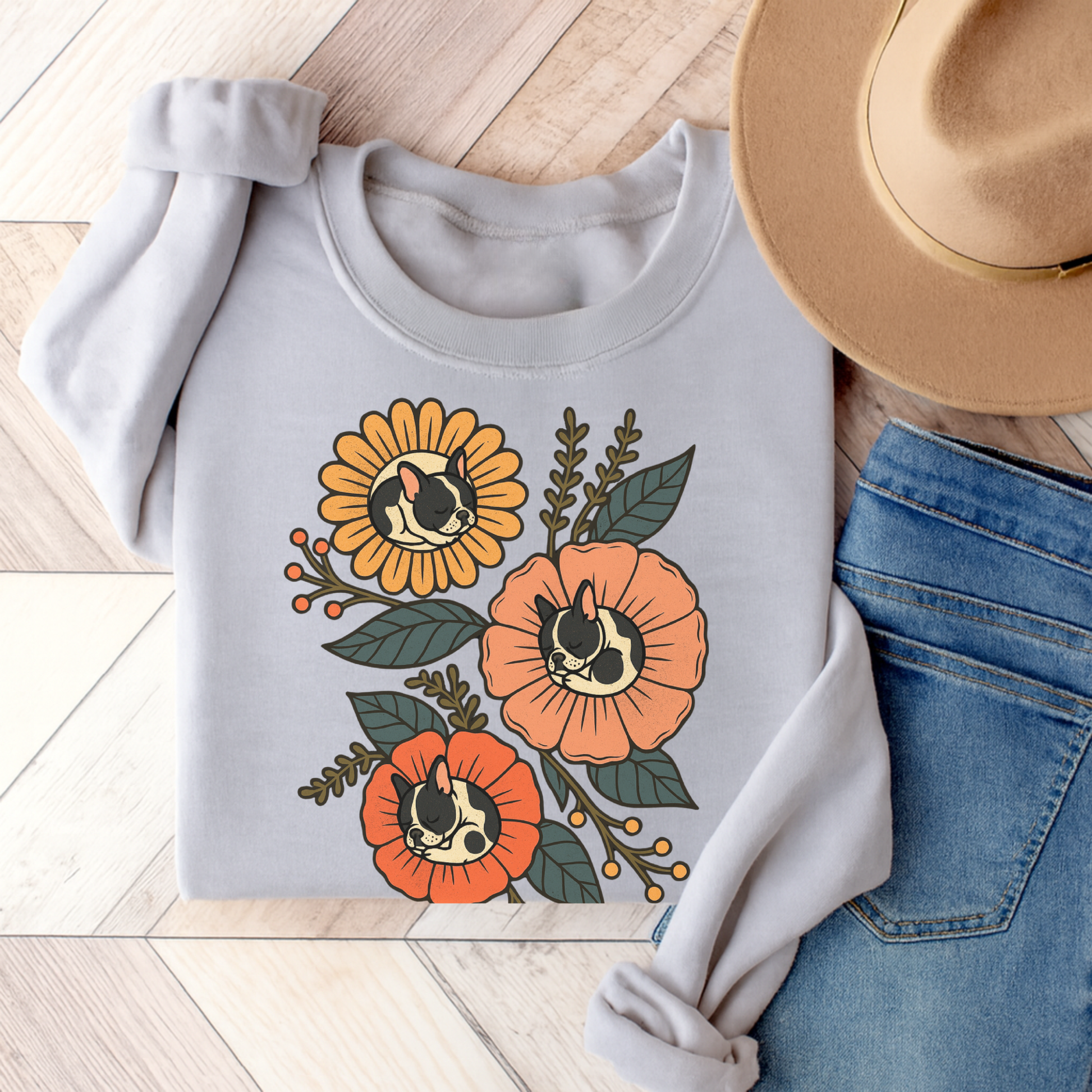 Piebald Frenchie Sleeping Flowers Sweatshirt Ash