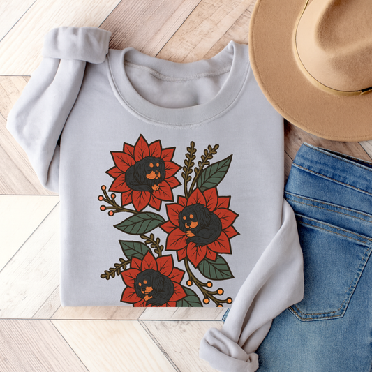 Black Tan Cavalier Christmas Flower Sweatshirt Ash