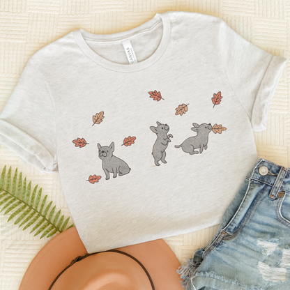 Black Frenchie Chasing Leaves TShirt Ash