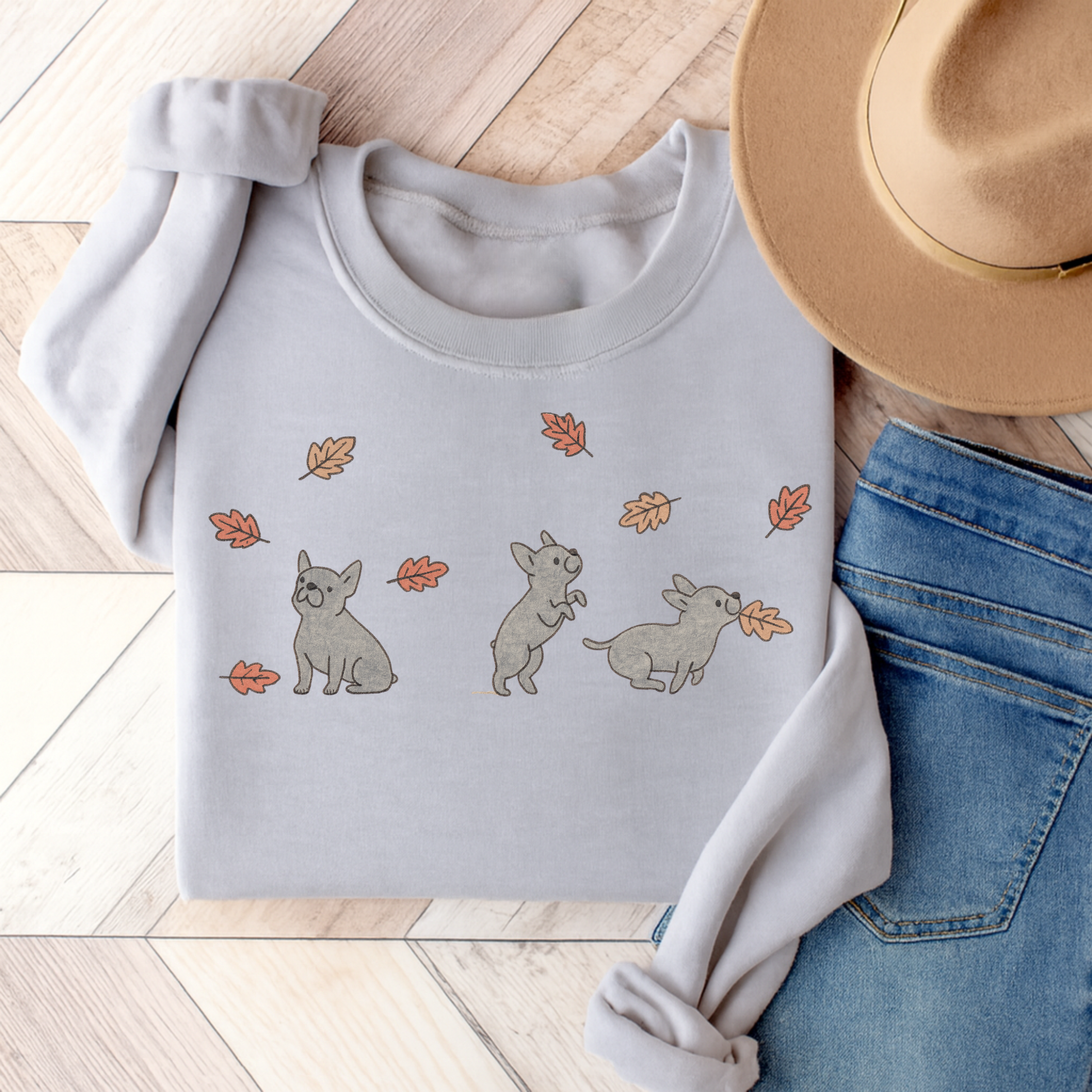 Black French Bulldog Chasing Leaves Sweatshirt Ash