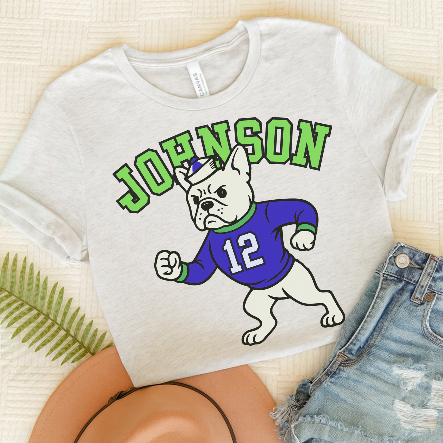 White Frenchie College Mascot TShirt Ash