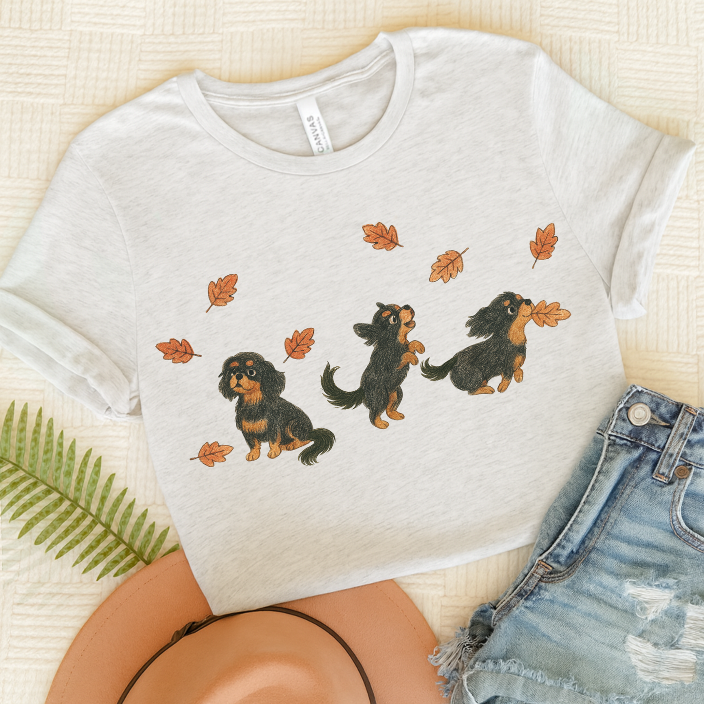 Black Tan Cavalier Chasing Leaves TShirt Ash