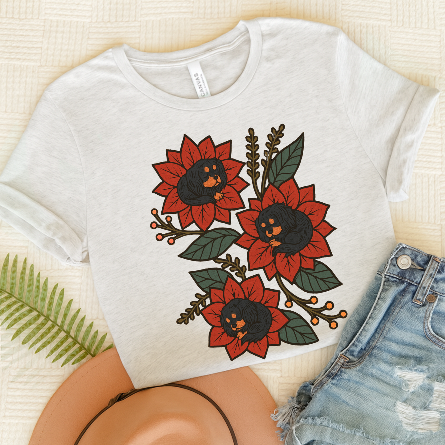 Black Tan Cavalier Holiday Flowers Sleeping TShirt Ash