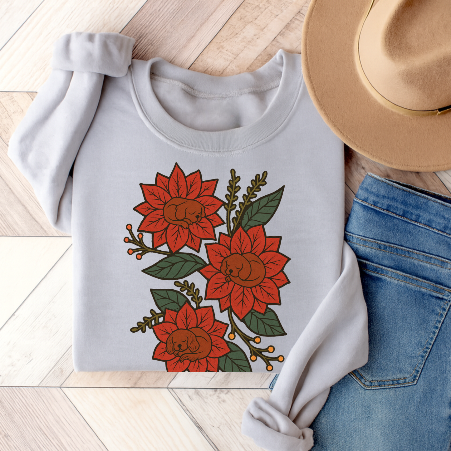 Ruby Cavalier Christmas Flower Sweatshirt Ash