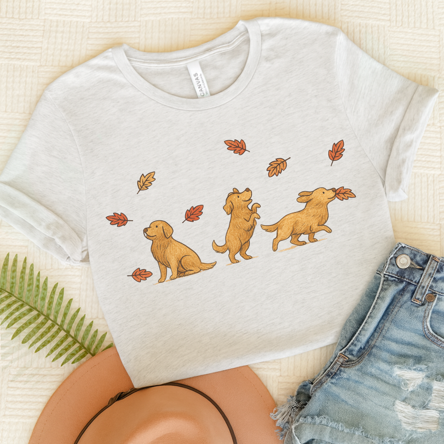 Golden Retriever Chasing Leaves TShirt Ash