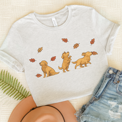 Golden Retriever Chasing Leaves TShirt Ash